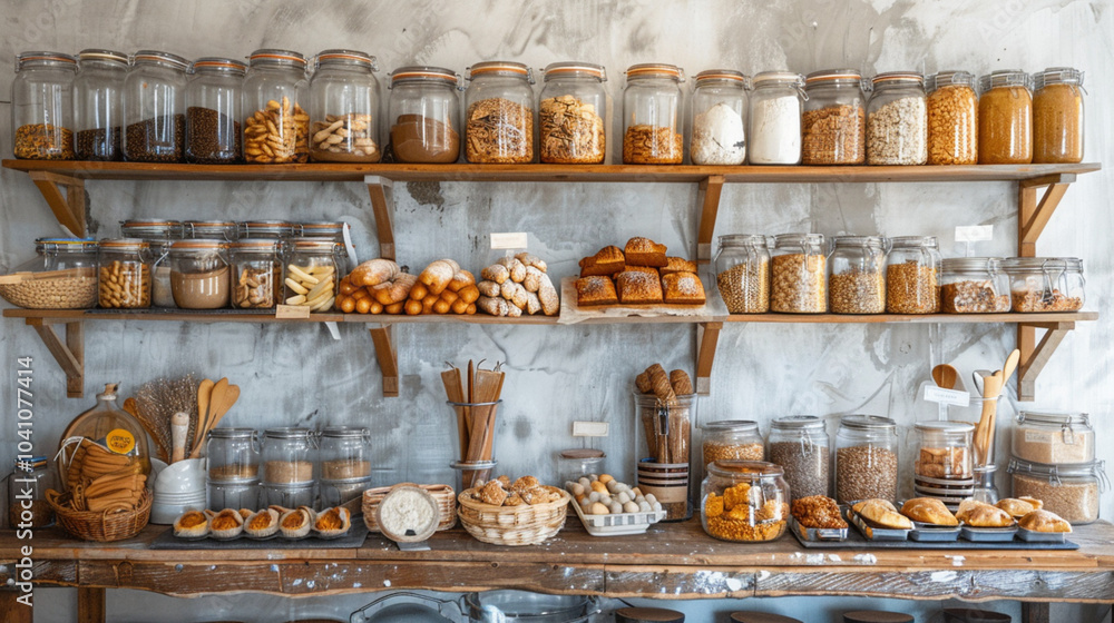 Small home bakery corner with shelves filled with baking supplies, jars of ingredients, and freshly baked goods neatly arranged. Small home bakery corner with shelves filled with baking supplies, jars of ingredients, and freshly baked goods neatly arranged.