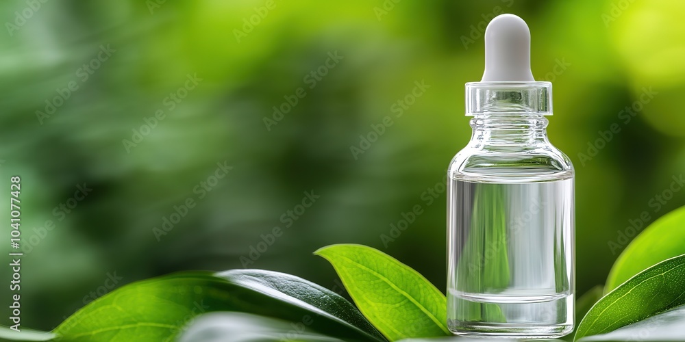 Serum bottle on green foliage background, skin care concept Serum bottle on green foliage background, skin care concept