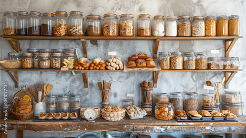 Small home bakery corner with shelves filled with baking supplies, jars of ingredients, and freshly baked goods neatly arranged.