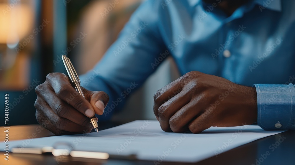 Close-up of black man signing contract with insurance agent in the office. Close-up of black man signing contract with insurance agent in the office.