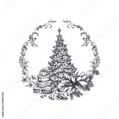 Vector pre-made greeting card with Christmas tree, winter plants, gifts in vintage style.