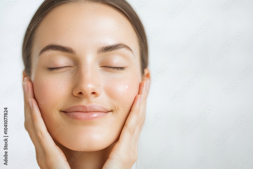 Serene woman with glowing skin and hands on cheeks. Serene woman with glowing skin and hands on cheeks.