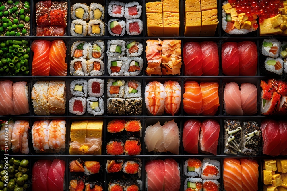 A diverse assortment of sushi and sashimi arranged in rows showcasing colorful seafood and ingredients
A diverse assortment of sushi and sashimi arranged in rows showcasing colorful seafood and ingredients