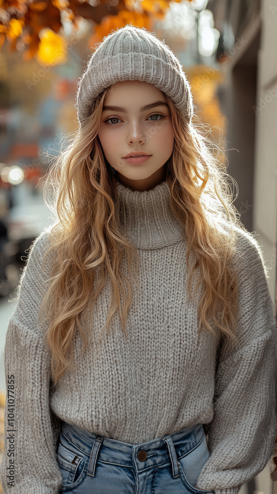 young woman wearing modern, fashionable jeans and a trendy puffer jacket. young woman wearing modern, fashionable jeans and a trendy puffer jacket.
