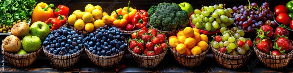 A variety of colorful fresh fruits arranged in baskets featuring apples berries grapes and citrus
A variety of colorful fresh fruits arranged in baskets featuring apples berries grapes and citrus