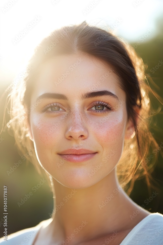 Soft sunlight on woman's glowing skin, natural beauty Soft sunlight on woman's glowing skin, natural beauty