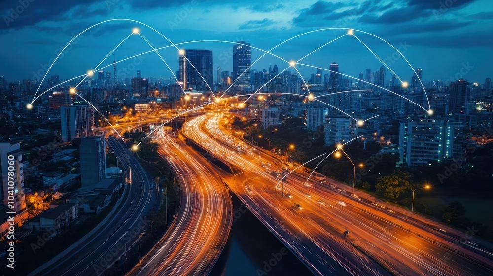 Obraz premium Cityscape with traffic and digital connectivity lines at dusk.