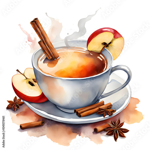 a cup of hot chocolate with apples and cinnamons on a saucer with cinnamon sticks and star anise photo