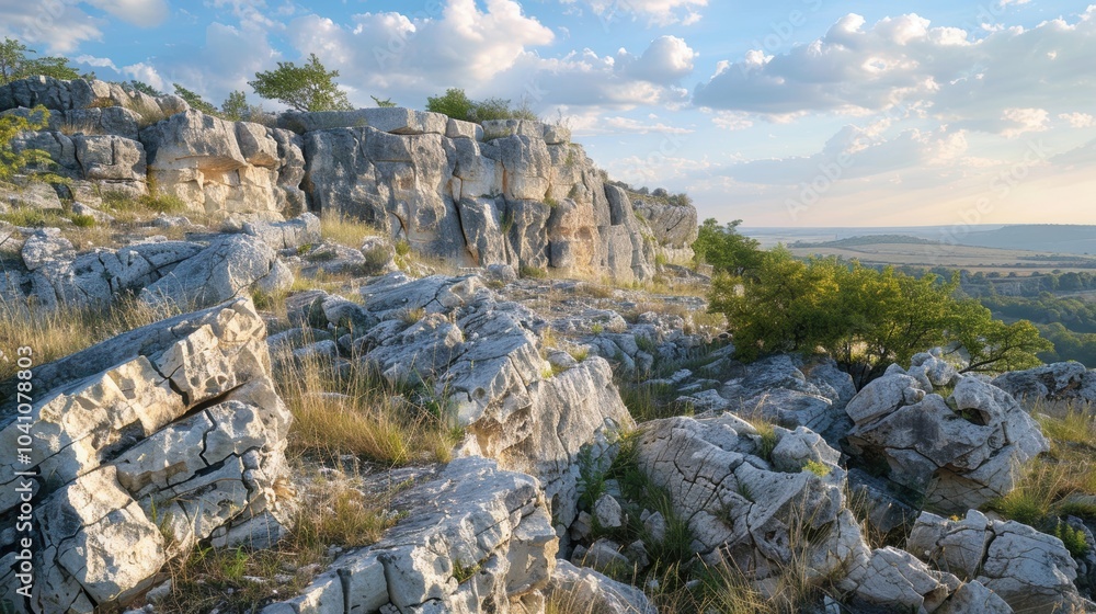 Jagged Limestone Rocks on Hillside Under Clear Sky Jagged Limestone Rocks on Hillside Under Clear Sky