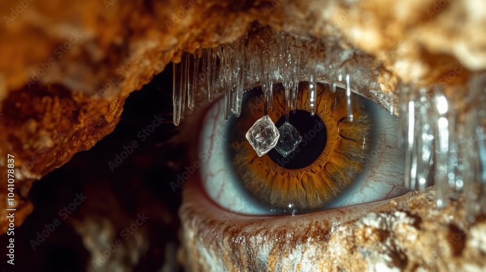 A surreal close-up image of an eye peeking through a cave opening, surrounded by delicate icicles, creating a mysterious and imaginative scene. A surreal close-up image of an eye peeking through a cave opening, surrounded by delicate icicles, creating a mysterious and imaginative scene.