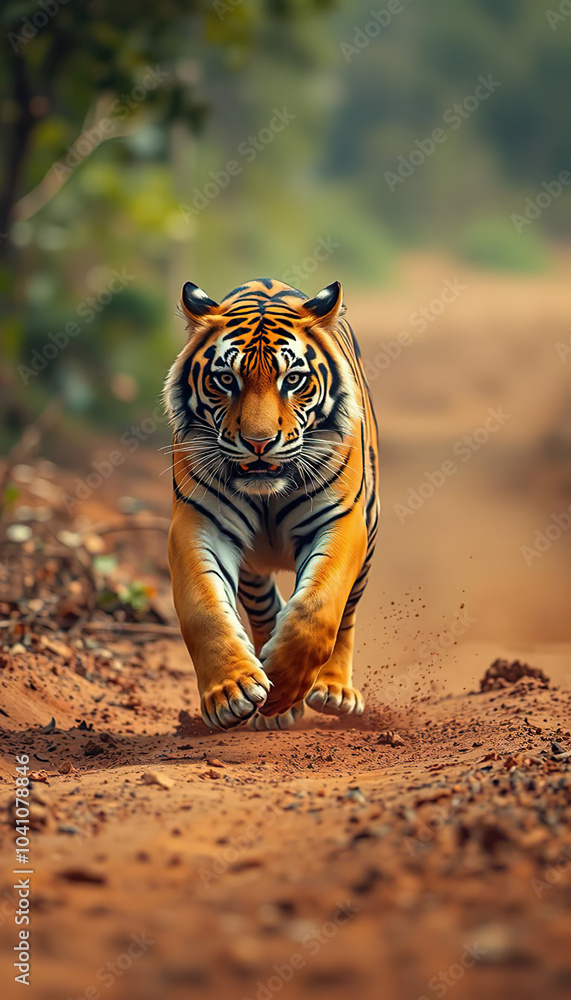 Fototapeta premium A tiger is running through a dirt road