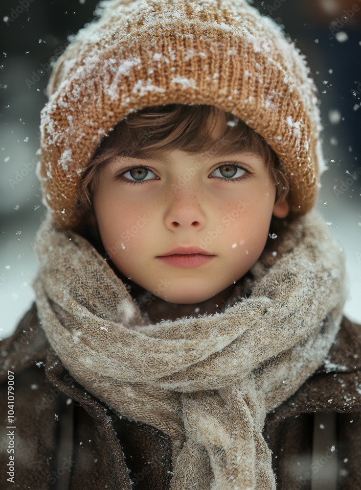 a boy dressed in a woolen coat and beanie is standing in a snowstorm a boy dressed in a woolen coat and beanie is standing in a snowstorm