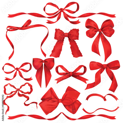 Vector set of bows. Digitally drawn to look like watercolor style illustrations. Isolated on white background.