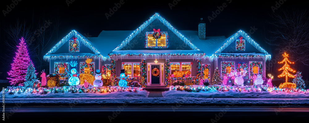 A colorful Christmas light display on the front of an American home decorated with reindeer and snowman decorations A colorful Christmas light display on the front of an American home decorated with reindeer and snowman decorations