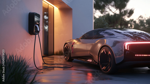 Futuristic Electric Car Charging at Home with V2G Technology photo