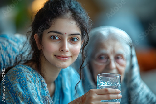 Obraz na płótnie a charming young indian home care lady in light blue uniform giving a glass of water to elderly women w salonie