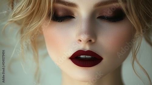 Close-up of a woman's face with elegant makeup and closed eyes.