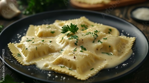 Ravioli in creamy sauce with parsley on dark plate. Dark plate with italian foods. Ultra realistic. Photorealistic 