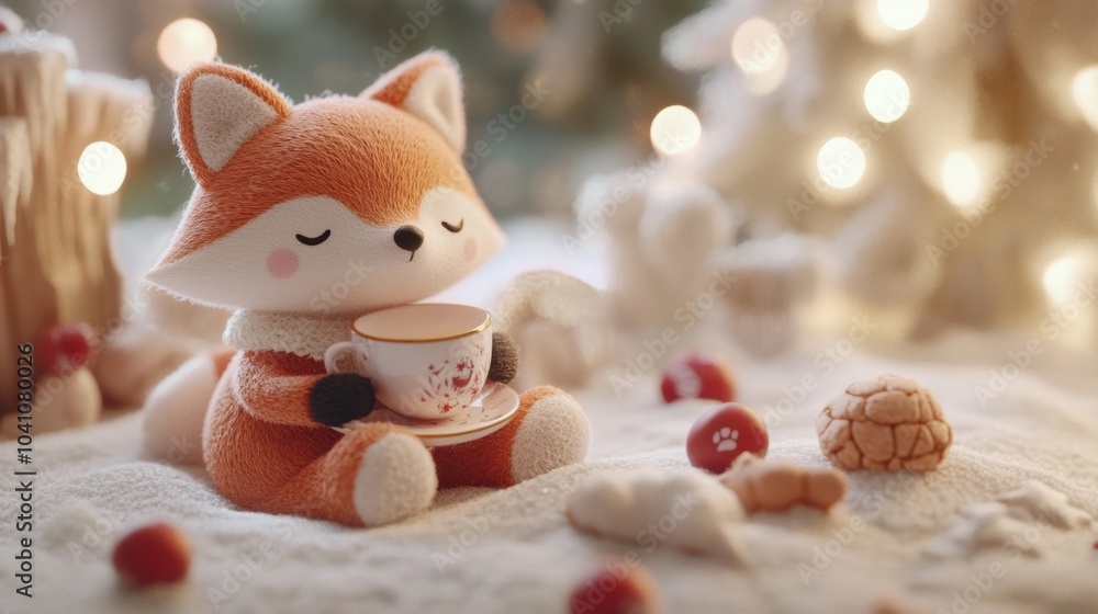 Fototapeta premium Cozy fox plushie enjoys a warm drink in a winter wonderland setting, AI