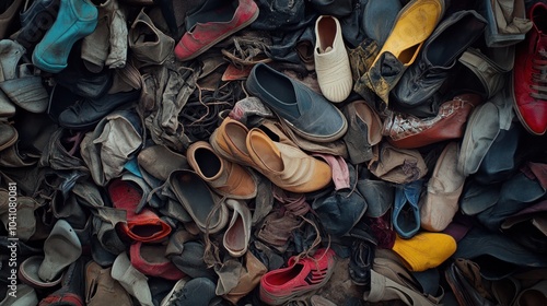 A chaotic assortment of discarded shoes piled together, highlighting waste and consumerism.