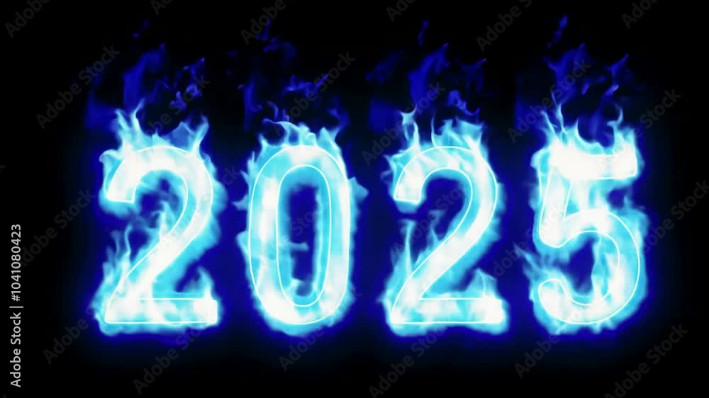 2025 text, year number with blue flaming fire. Black background. Generative AI 2025 text, year number with blue flaming fire. Black background. Generative AI