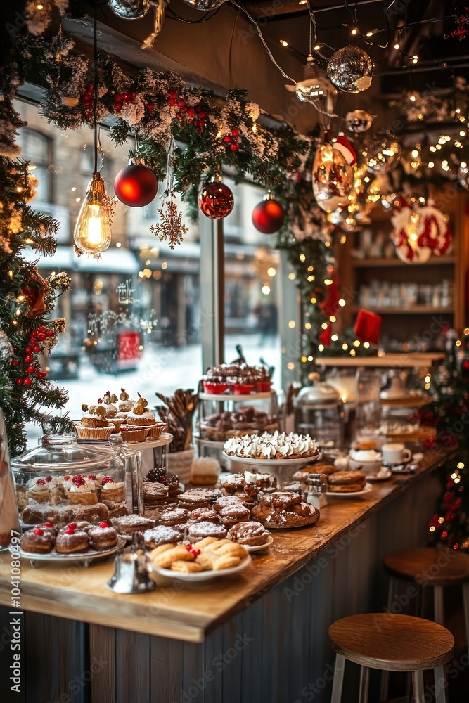 Cozy holiday bakery with festive decorations and treats. Cozy holiday bakery with festive decorations and treats.