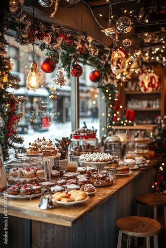 Cozy holiday bakery with festive decorations and treats.