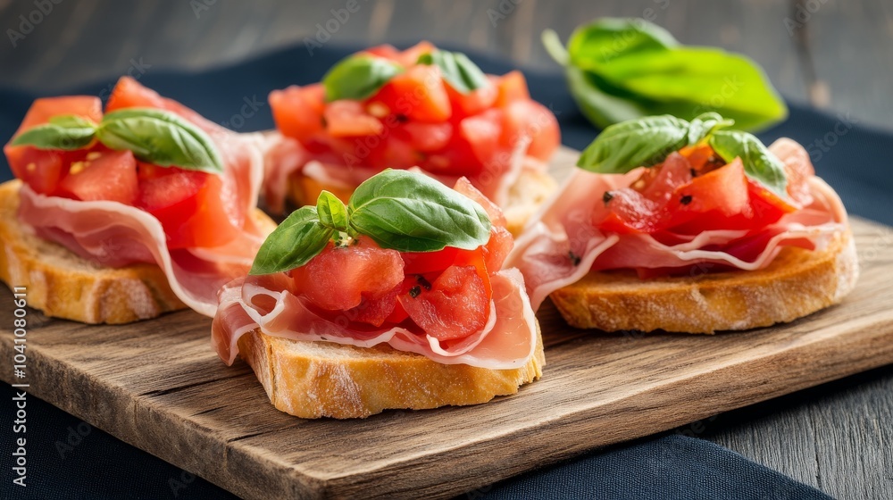 Bruschettas con jamón serrano, tomate fresco y albahaca, servidas en una tabla de madera rústica.
Bruschettas con jamón serrano, tomate fresco y albahaca, servidas en una tabla de madera rústica.