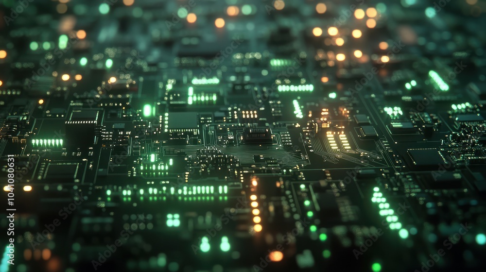 Illuminated green electronic circuit board with many electrical components. Narrow depth of field Illuminated green electronic circuit board with many electrical components. Narrow depth of field