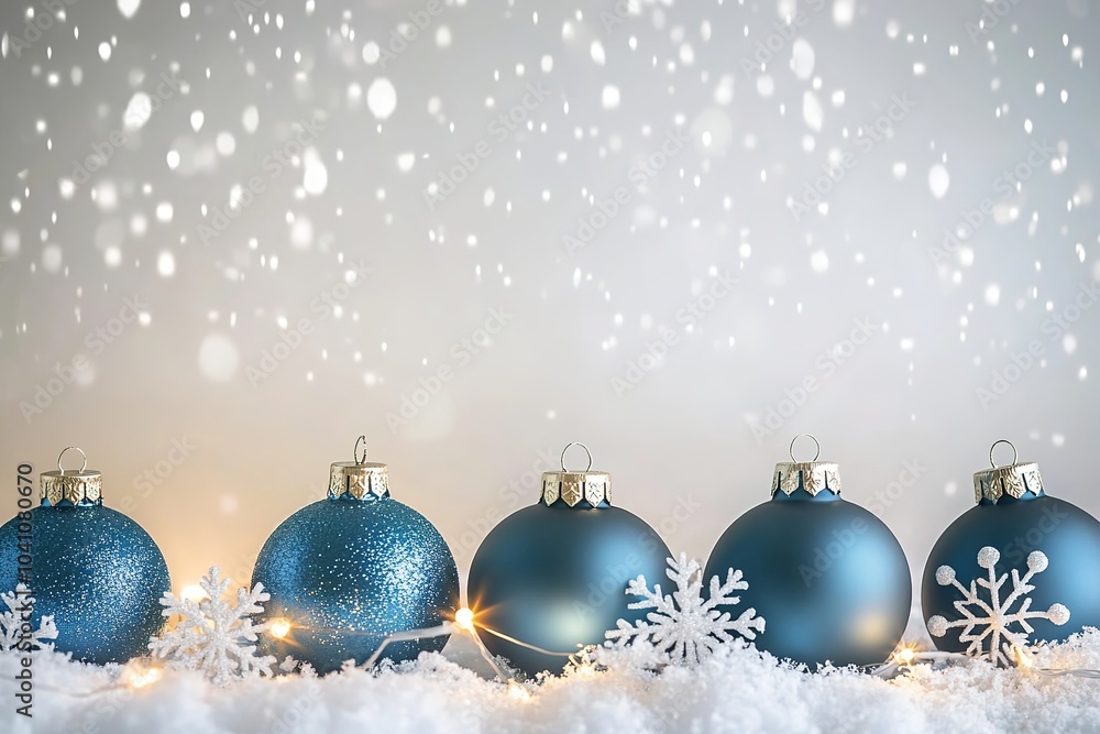 Blue Christmas ornaments lined up with snowflakes Blue Christmas ornaments lined up with snowflakes