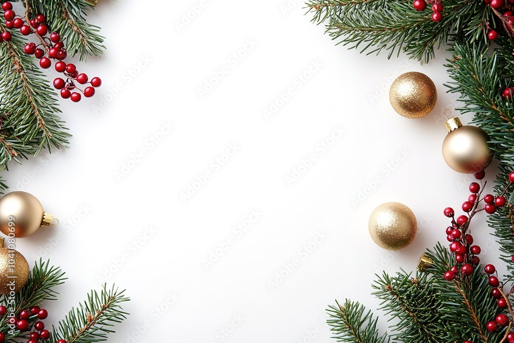 Festive border with fir, berries, and baubles Festive border with fir, berries, and baubles