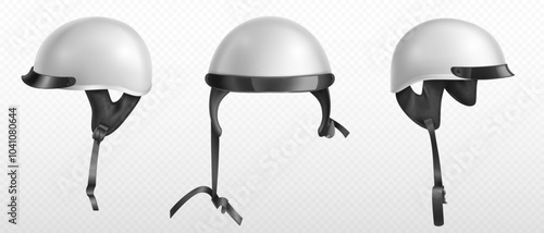 3d motorcycle helmet. White motor bike hat icon. Realistic scooter safety helm illustration. Racer gp plastic accessory with black belt mockup side and front view. Blank extreme pilot headwear mock up