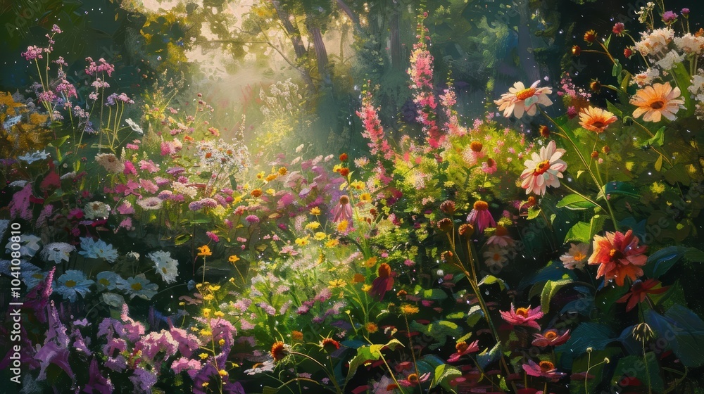 Obraz premium Vibrant Garden with Blooming Flowers in Sunlight