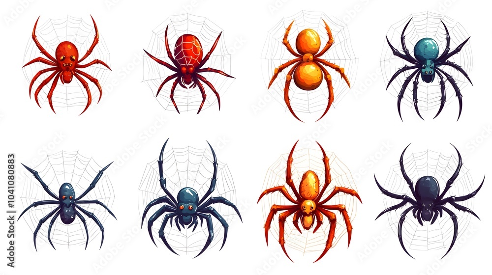 Cartoon spider web on white background, set of illustrations Cartoon spider web on white background, set of illustrations