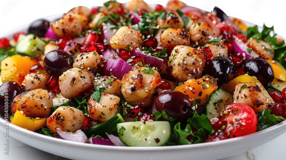 Bowl of fresh colorful salad with chickpeas tomatoes cucumbers olives and mixed greens garnished with herbs
Bowl of fresh colorful salad with chickpeas tomatoes cucumbers olives and mixed greens garnished with herbs