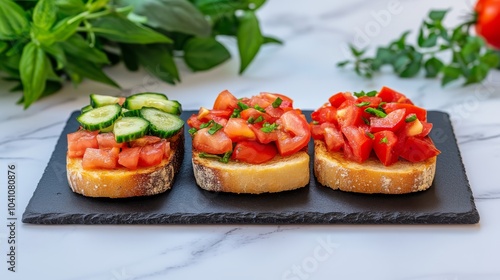  Tres tostadas con tomate fresco, pepino y hierbas verdes, presentadas sobre una bandeja de pizarra negra. 