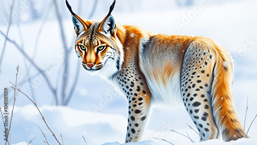 Watercolor Alert lynx with intense gaze standing vigilantly in snowy winter landscape photo