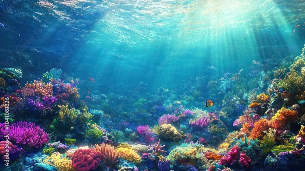 Vibrant coral reef with sunlight shining through the water, featuring colorful fish and sponges. Vibrant coral reef with sunlight shining through the water, featuring colorful fish and sponges.
