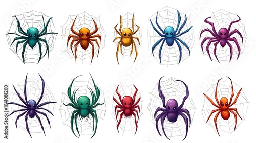 Cartoon spider web on white background, set of illustrations 