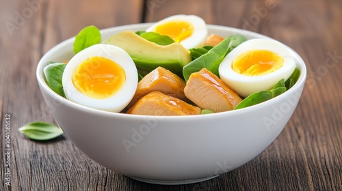  Una ensalada saludable con pollo, huevo cocido, espinaca y aguacate, presentada en un bol blanco sobre una mesa de madera. 