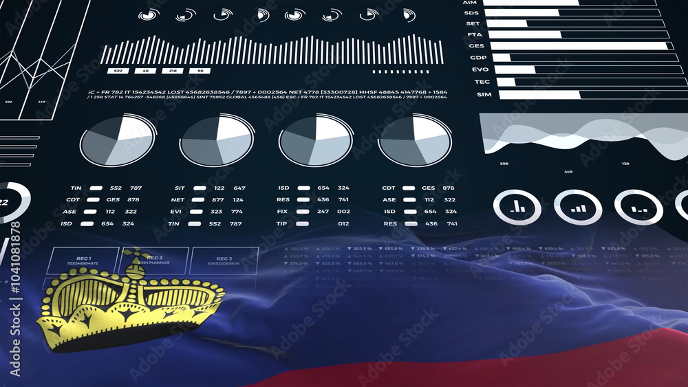 Liechtenstein flag - Waving flag on report analytics data statement Liechtenstein flag - Waving flag on report analytics data statement
