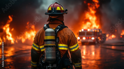 Firefighter preparing to enter burning structure, with fire truck
