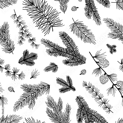Seamless pattern background with winter christmas holly, spruce branches, twigs with leaves, berries. Floral botanical elements. Hand drawn line vector illustration.