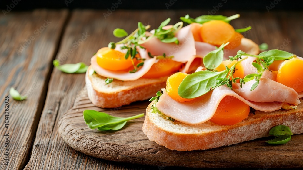 Tostadas con rodajas de jamón y duraznos frescos, decoradas con hierbas verdes sobre una tabla de madera rústica.
Tostadas con rodajas de jamón y duraznos frescos, decoradas con hierbas verdes sobre una tabla de madera rústica.