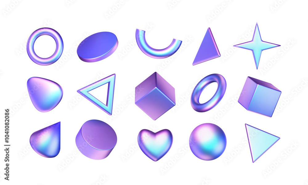 Set of 3d geometric shapes with metal hologram effect. Chrome glossy circles, cubes, triangles, star, blob, cylinder. Neon gradient cartoon futuristic objects. Vector cartoon y3k illustration.