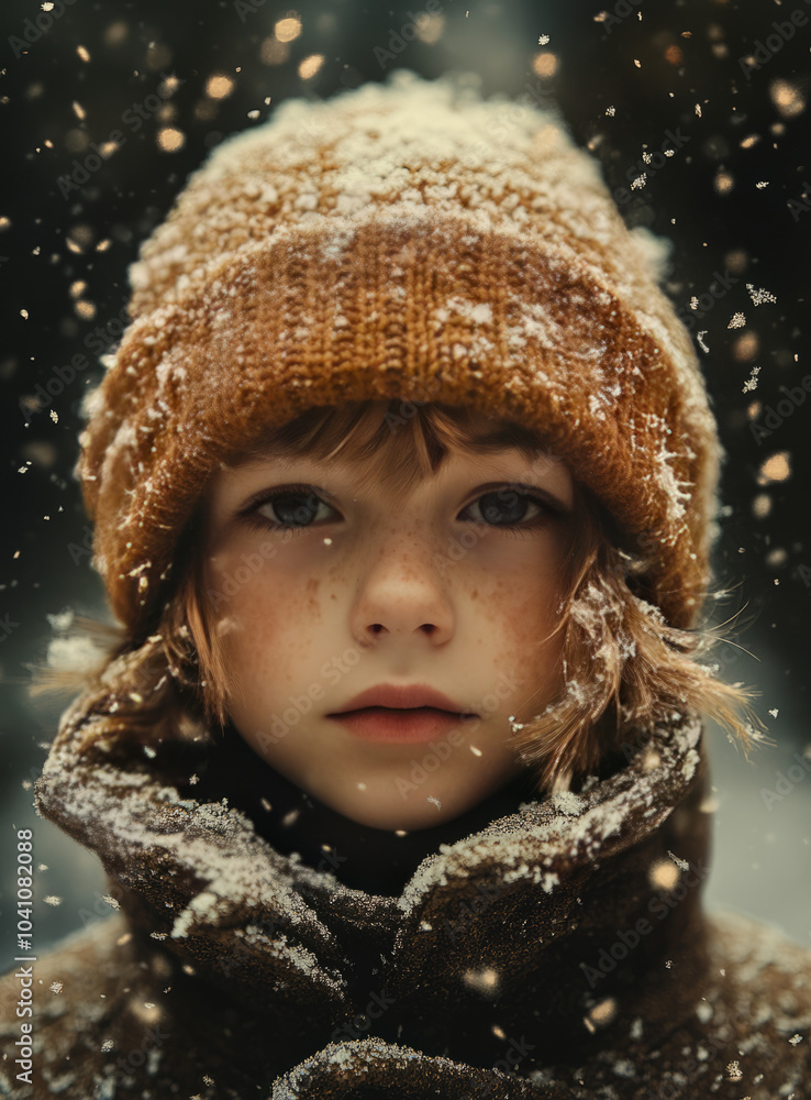 a boy dressed in a woolen coat and beanie is standing in a snowstorm a boy dressed in a woolen coat and beanie is standing in a snowstorm