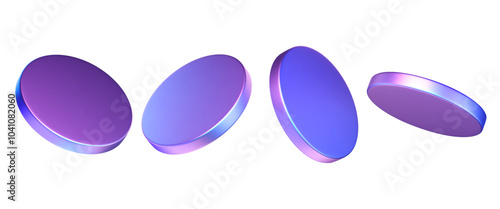 3d hologram coins. Geometric clean pedestal, disk, techno tablets set. Futuristic gradient elements, cyber badges. Vector glossy illustration. Chrome circles.