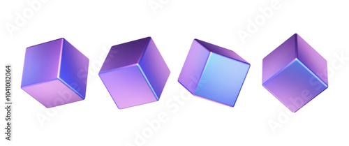 3D chrome cubes set. Techno glossy geometric element. Futuristic holographic shapes in different tilts. Gradient icon. Glossy sticker. Vector illustration.