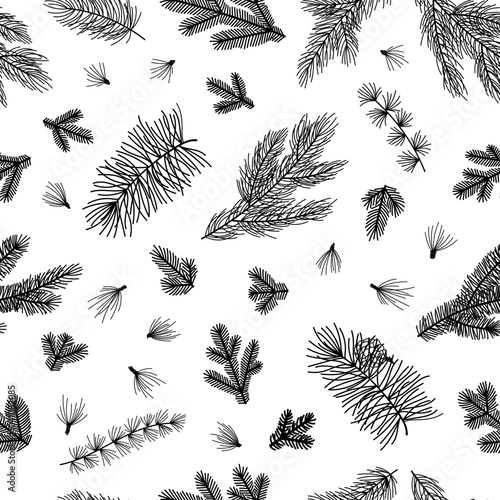 Seamless pattern background with winter christmas holly, spruce branches, twigs with leaves, berries. Floral botanical elements. Hand drawn line vector illustration.
