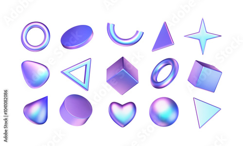 Set of 3d geometric shapes with metal hologram effect. Chrome glossy circles, cubes, triangles, star, blob, cylinder. Neon gradient cartoon futuristic objects. Vector cartoon y3k illustration.